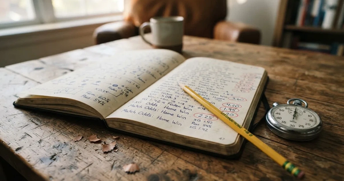Un cuaderno abierto con un lápiz y un cronómetro sobre una mesa de madera
