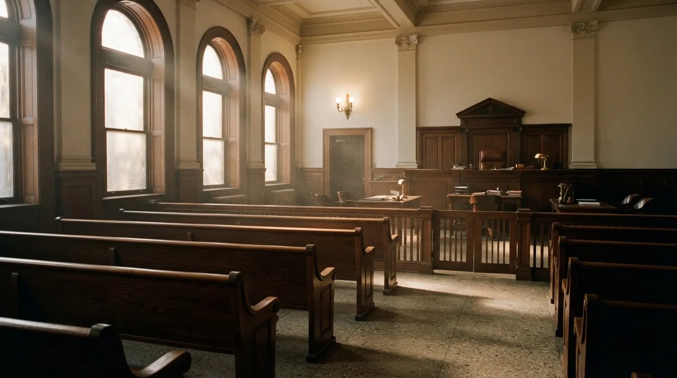 Una sala de tribunal vacía con bancos de madera a la luz de la mañana