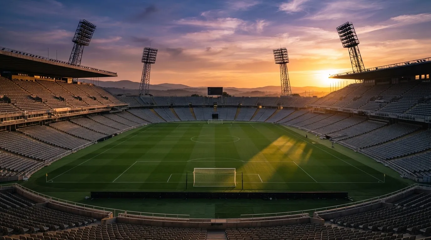 Un estadio de fútbol vacío con torres de iluminación al atardecer