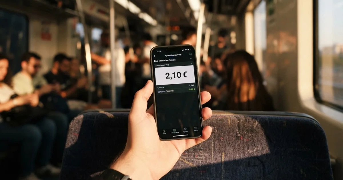 Una mano sostiene un móvil en el tren por la tarde, con la pantalla girada