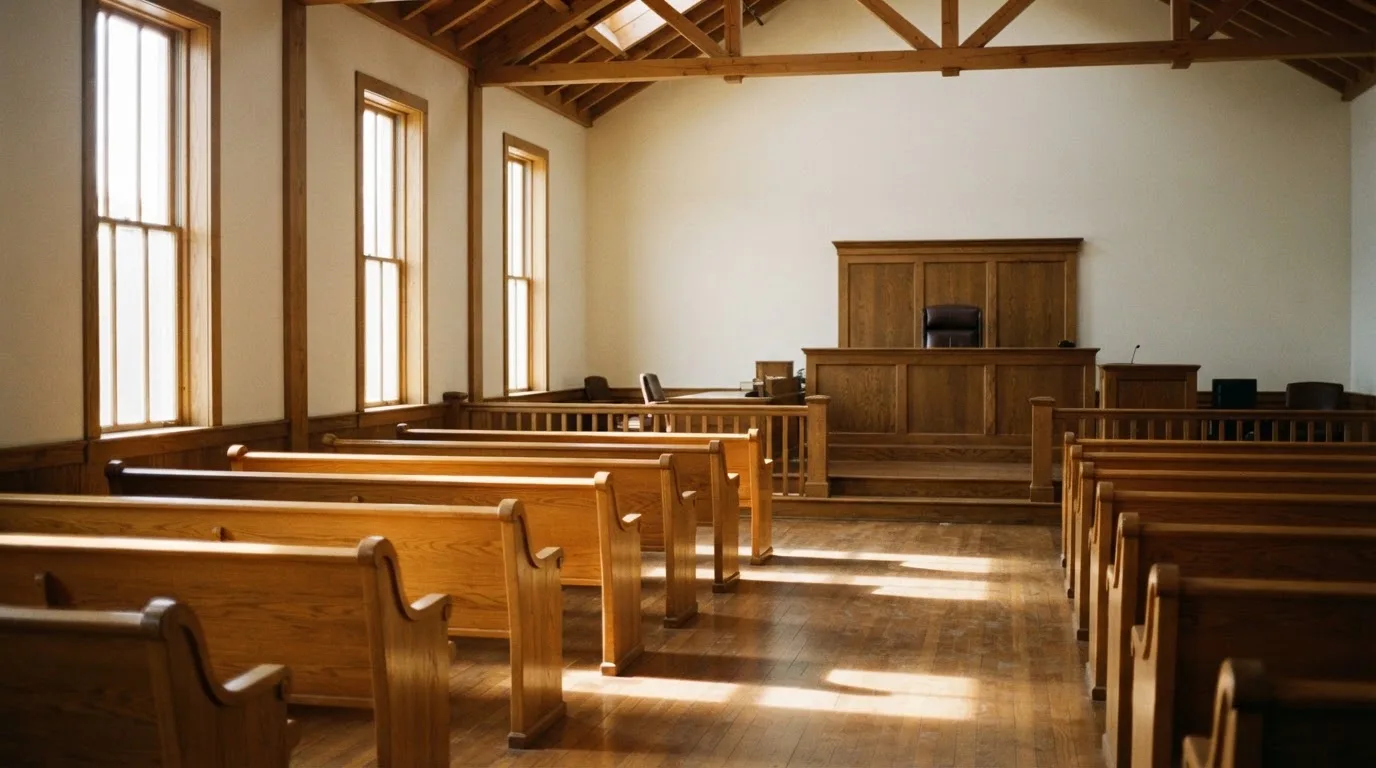 Una sala de tribunal vacía con bancos de madera a la luz de la mañana