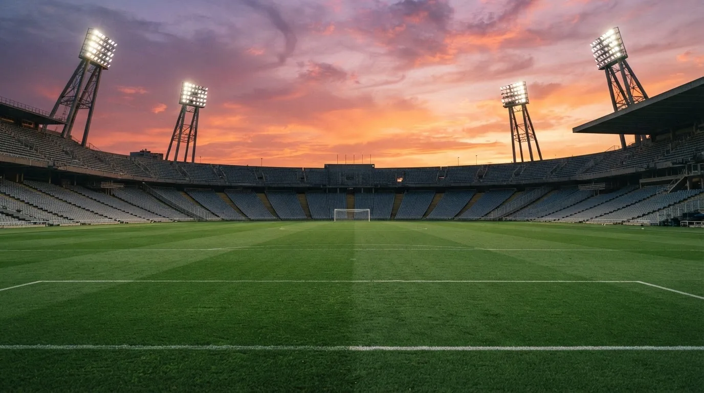 Un estadio de fútbol vacío con torres de iluminación al atardecer