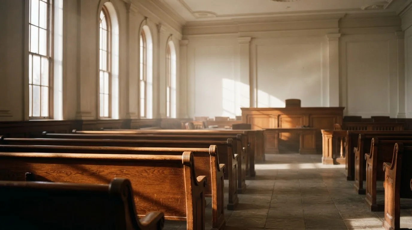 Una sala de tribunal vacía con bancos de madera a la luz de la mañana
