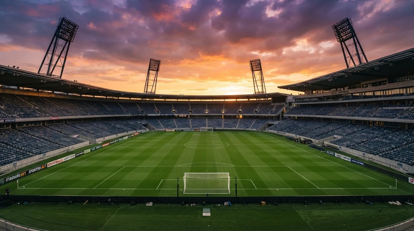 Un estadio de fútbol vacío con torres de iluminación al atardecer