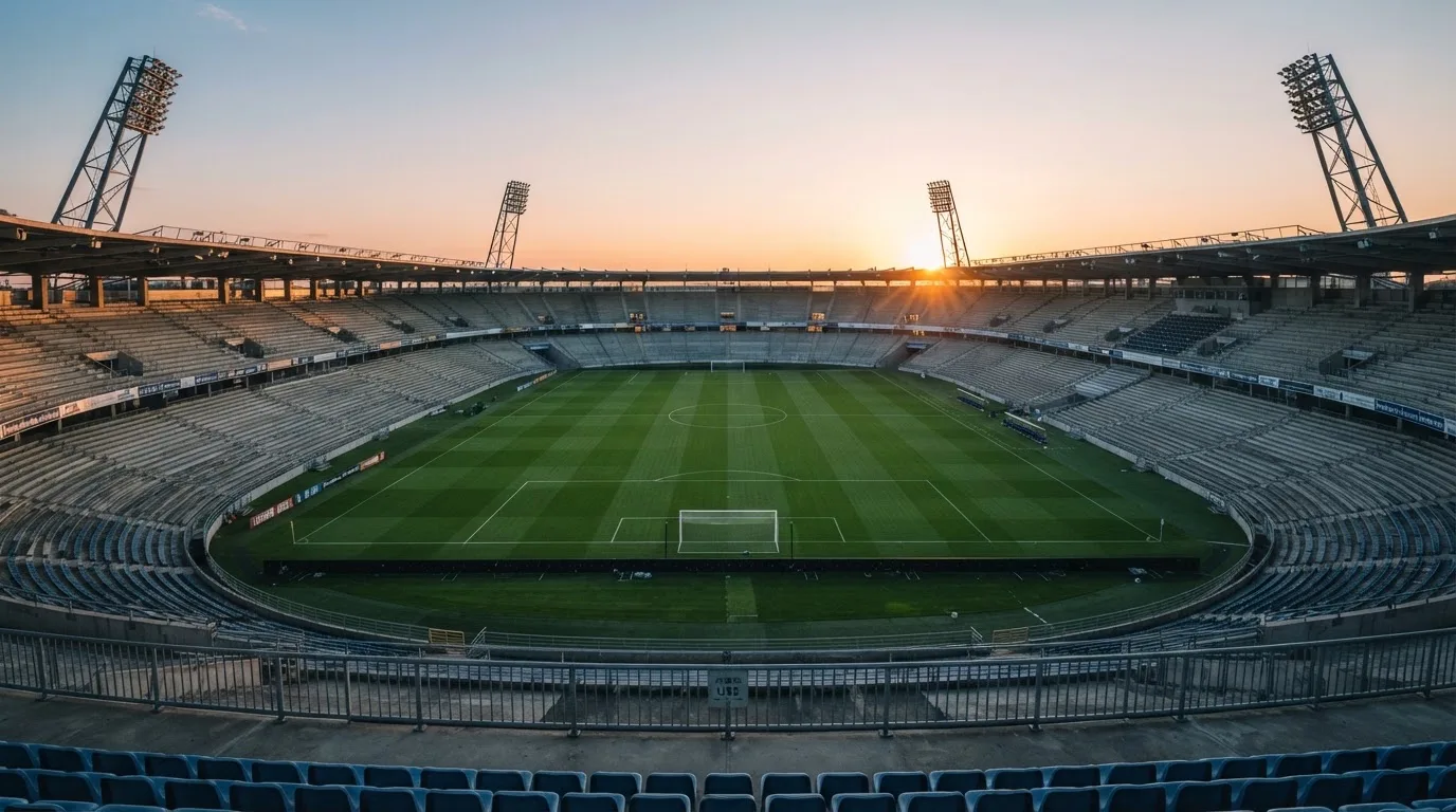 Un estadio de fútbol vacío con torres de iluminación al atardecer