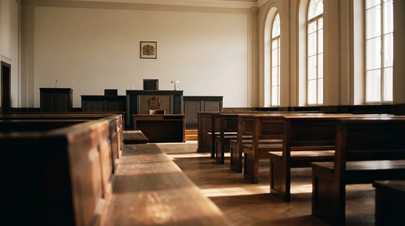 Una sala de tribunal vacía con bancos de madera a la luz de la mañana