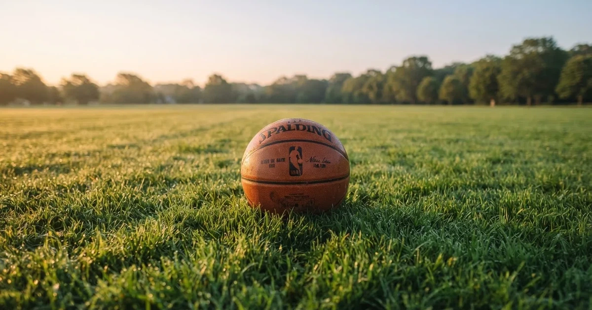 Un balón en el punto central de un campo de césped a la luz de la mañana
