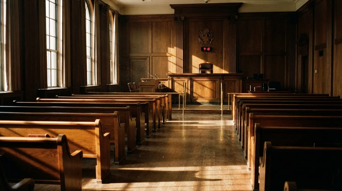 Una sala de tribunal vacía con bancos de madera a la luz de la mañana