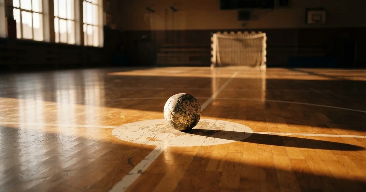 Un balón en el punto central de un campo de césped a la luz de la mañana