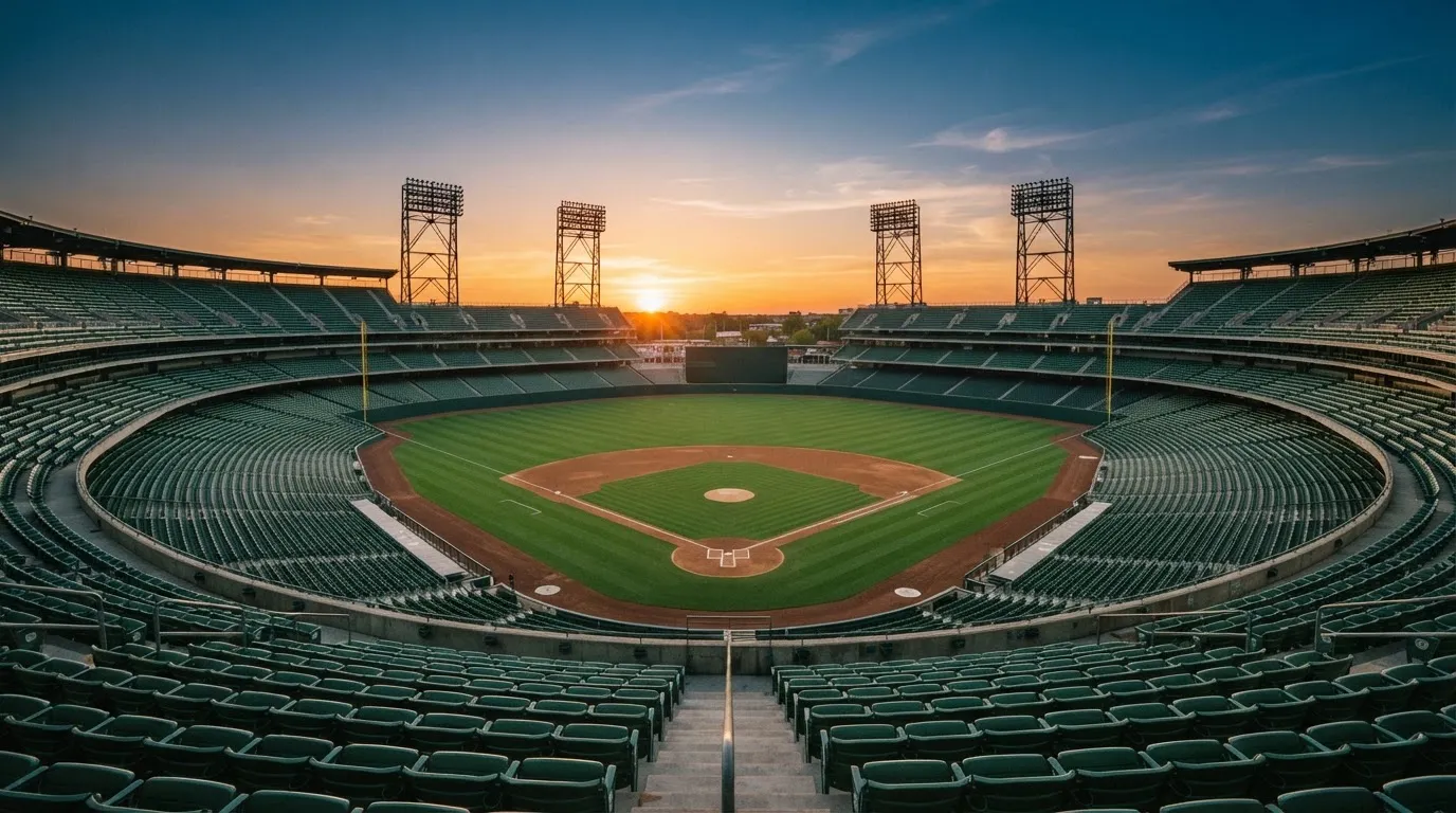 Un estadio de fútbol vacío con torres de iluminación al atardecer