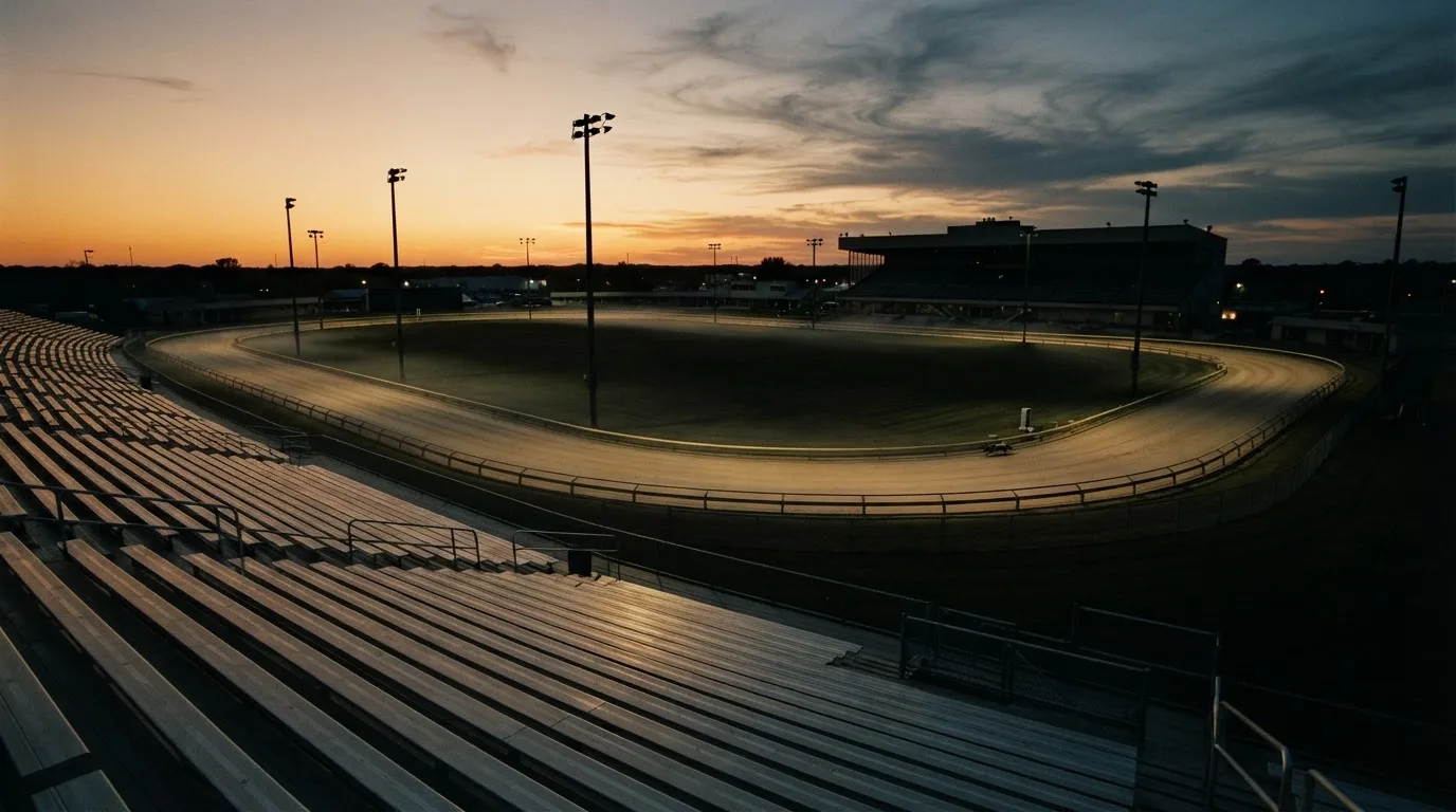 Un estadio de fútbol vacío con torres de iluminación al atardecer