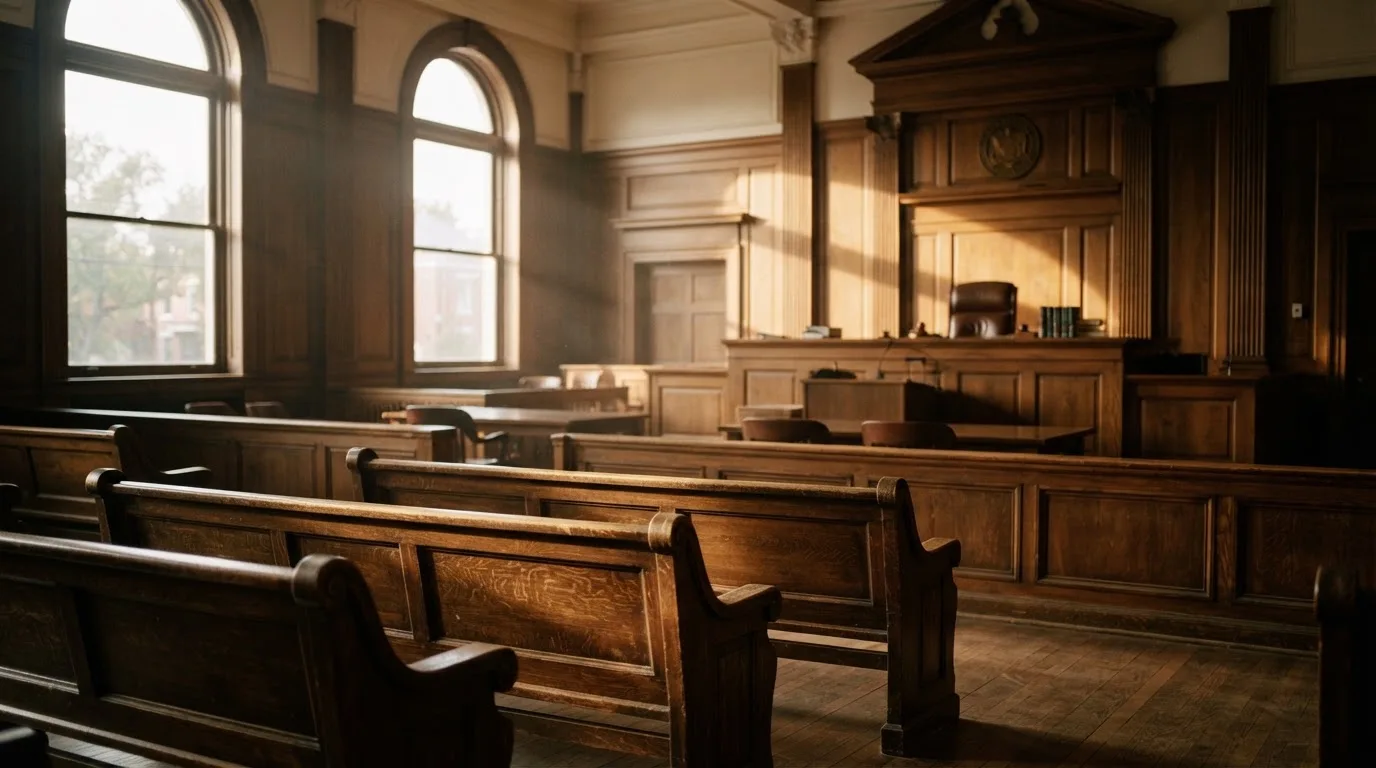 Una sala de tribunal vacía con bancos de madera a la luz de la mañana