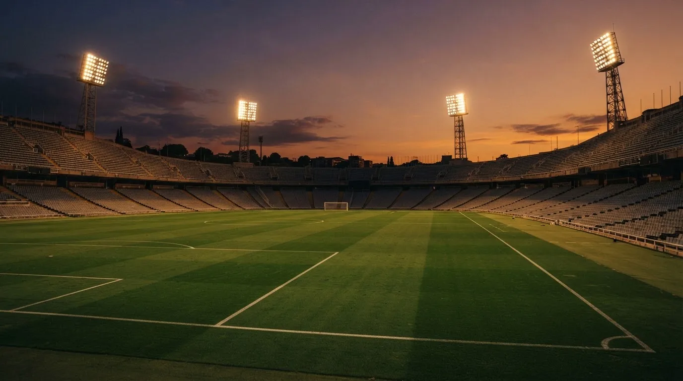 Un estadio de fútbol vacío con torres de iluminación al atardecer