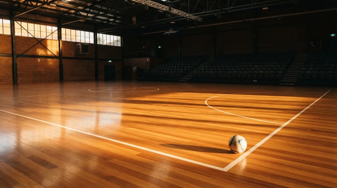 Un estadio de fútbol vacío con torres de iluminación al atardecer