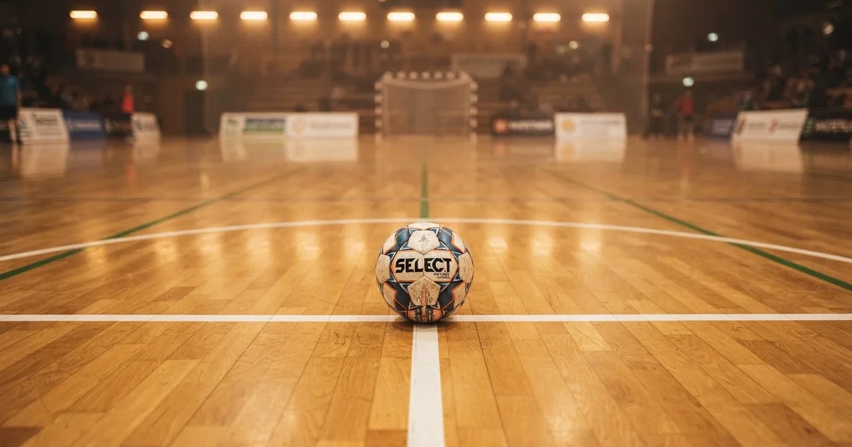Un balón en el punto central de un campo de césped a la luz de la mañana