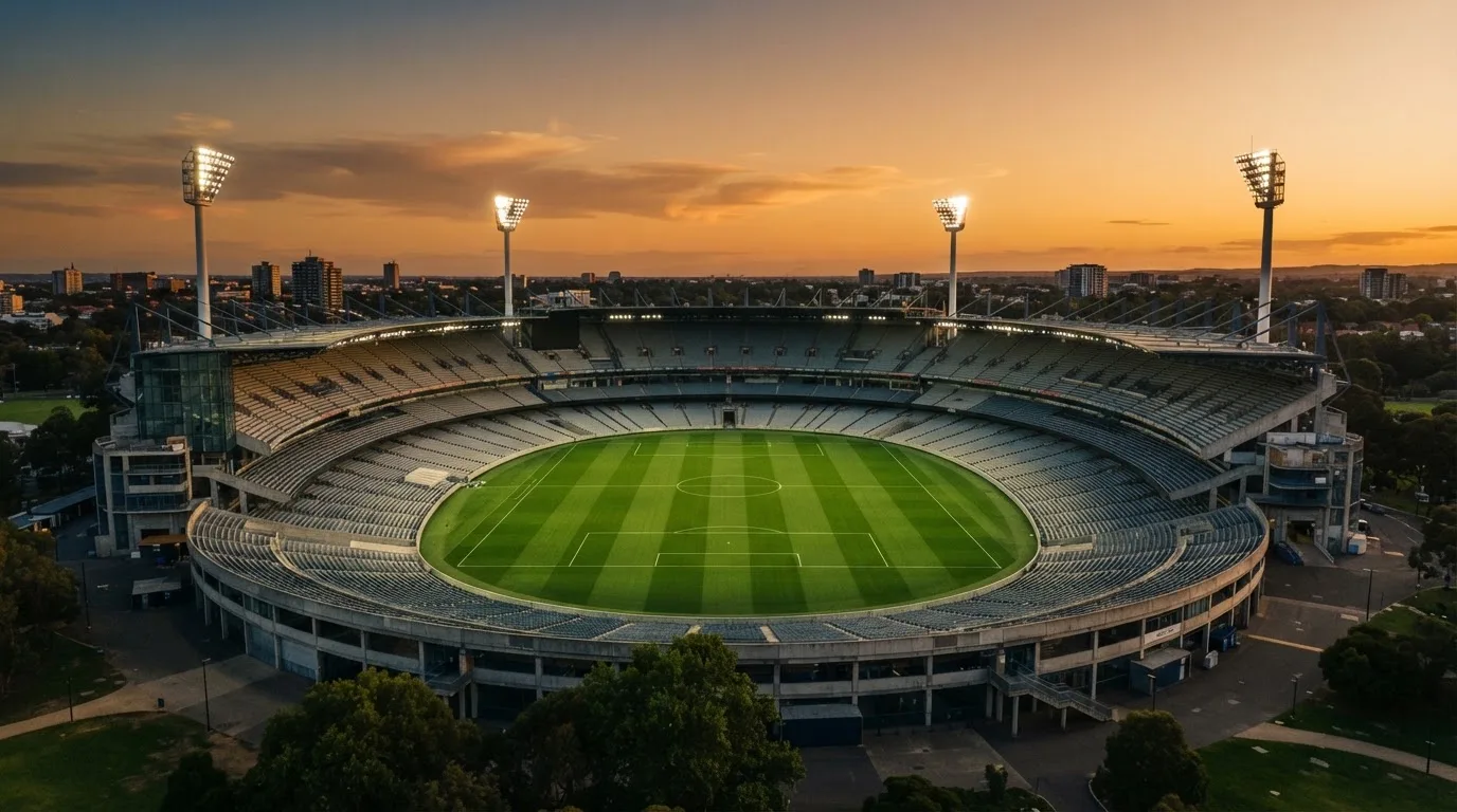 Un estadio de fútbol vacío con torres de iluminación al atardecer