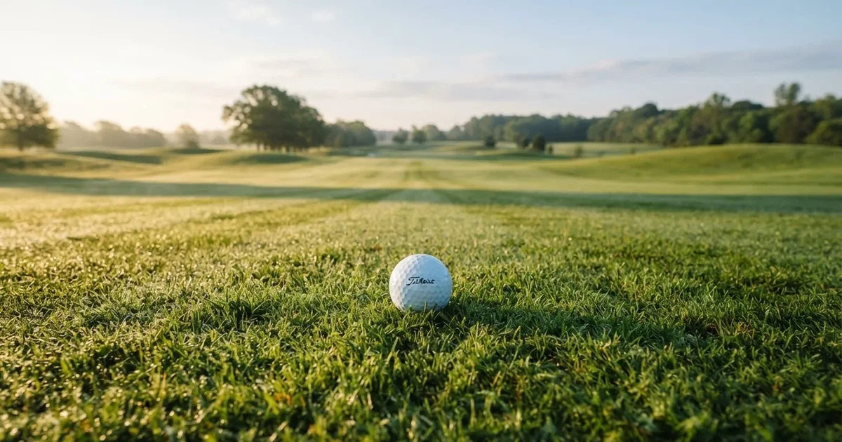 Un balón en el punto central de un campo de césped a la luz de la mañana