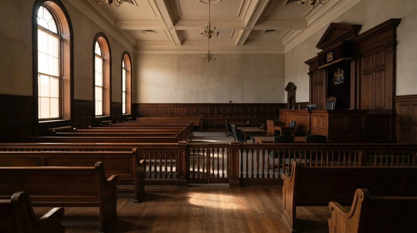 Una sala de tribunal vacía con bancos de madera a la luz de la mañana