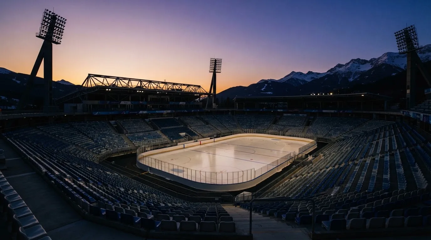 Un estadio de fútbol vacío con torres de iluminación al atardecer