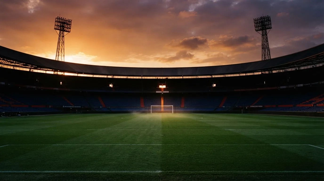 Un estadio de fútbol vacío con torres de iluminación al atardecer