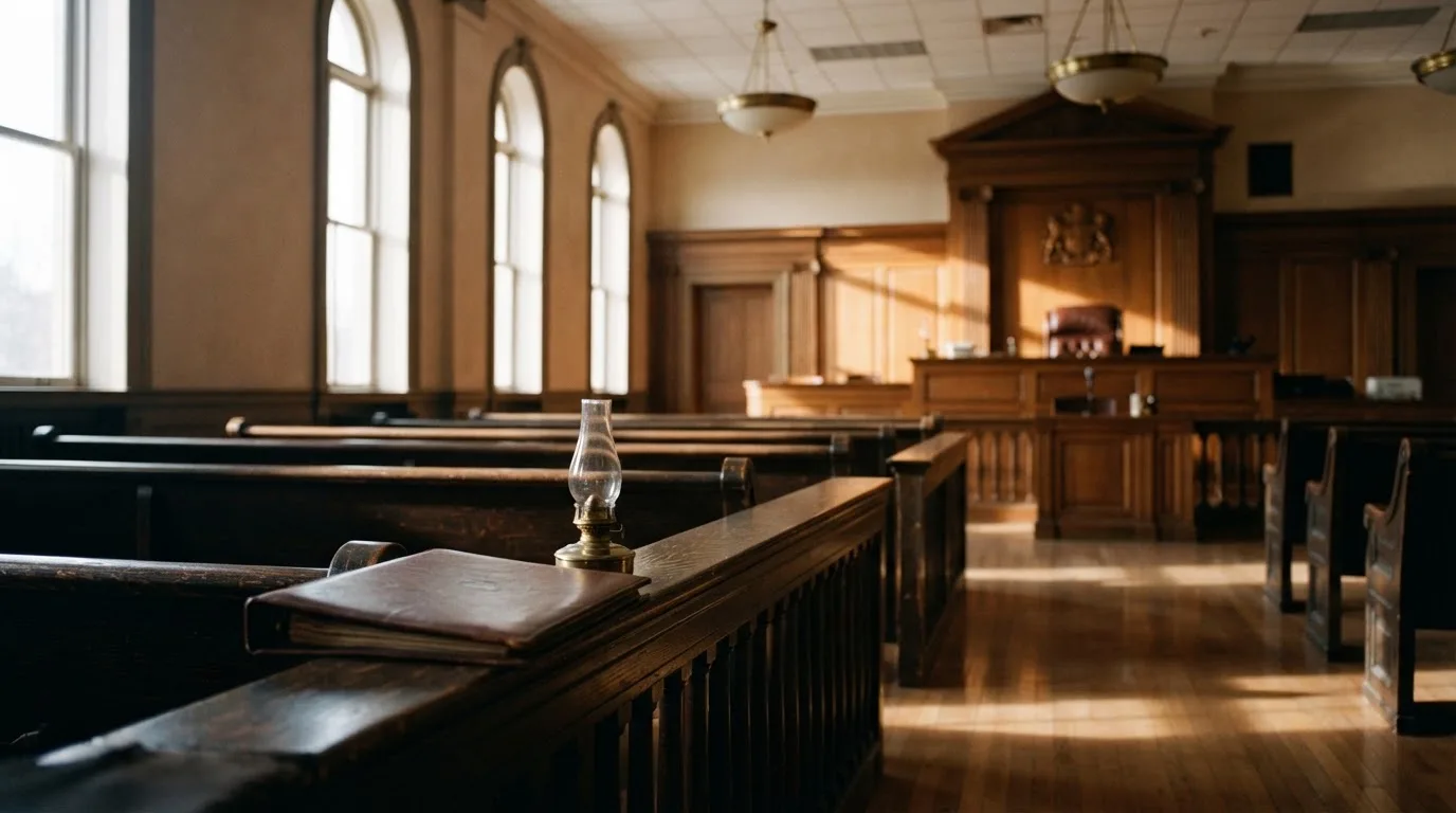 Una sala de tribunal vacía con bancos de madera a la luz de la mañana