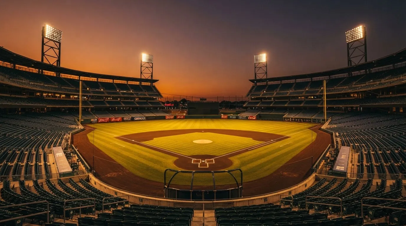 Un estadio de fútbol vacío con torres de iluminación al atardecer