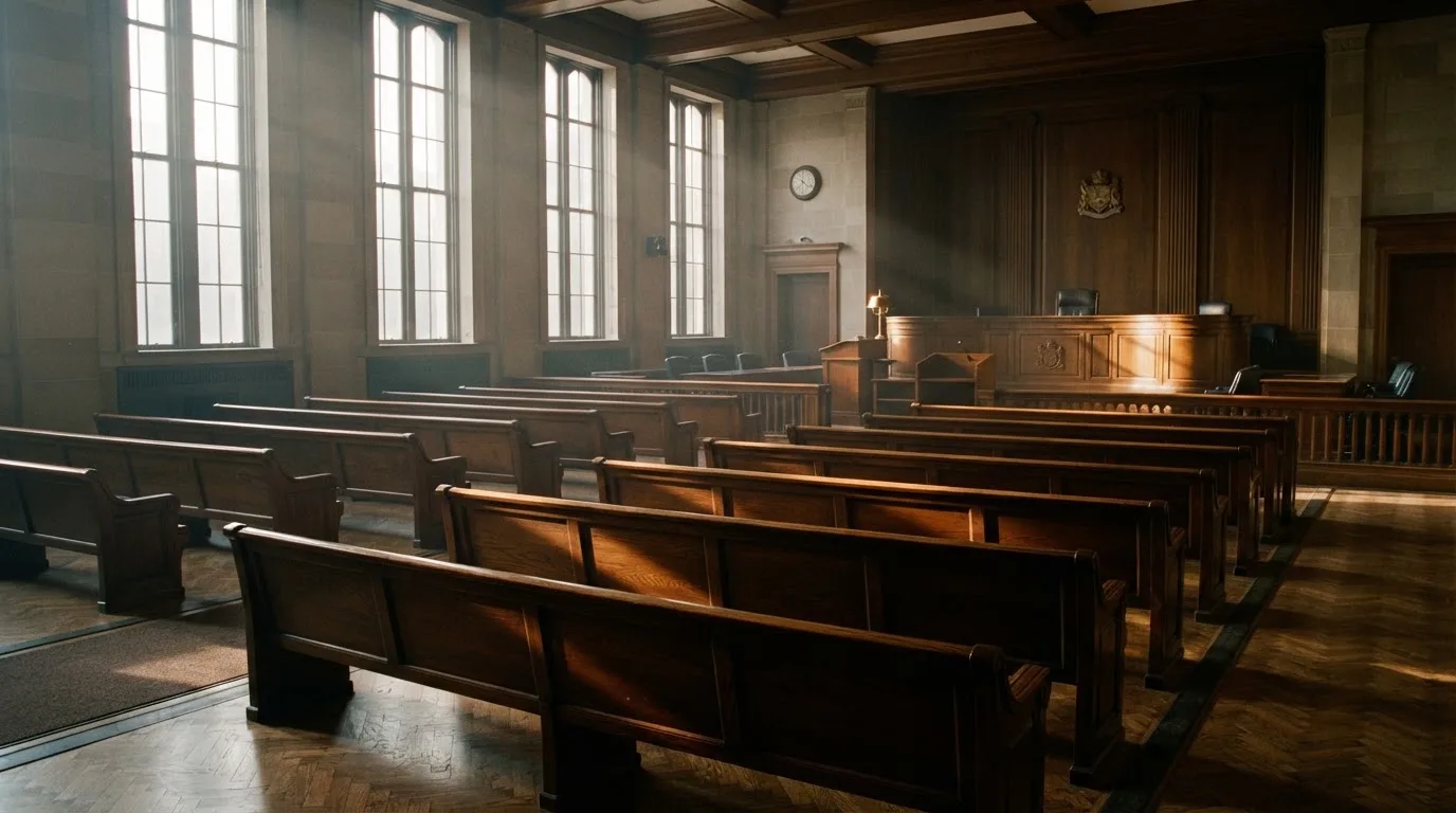 Una sala de tribunal vacía con bancos de madera a la luz de la mañana