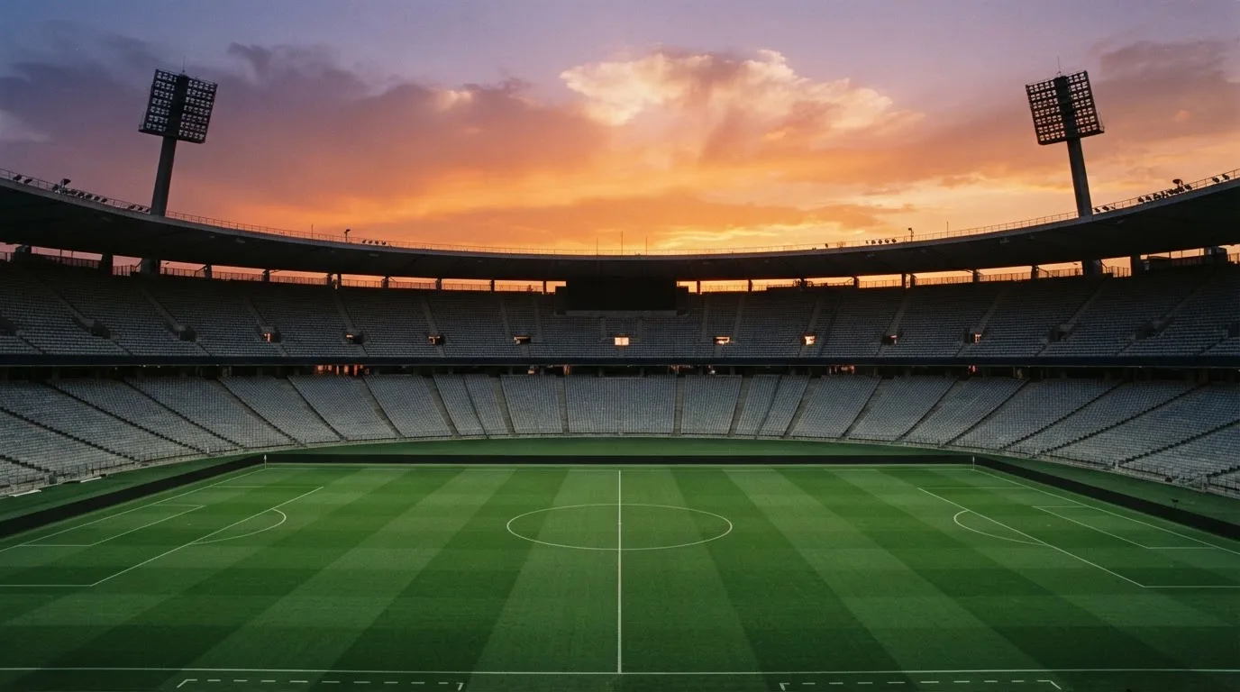 Un estadio de fútbol vacío con torres de iluminación al atardecer
