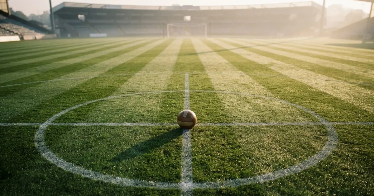 Un balón en el punto central de un campo de césped a la luz de la mañana