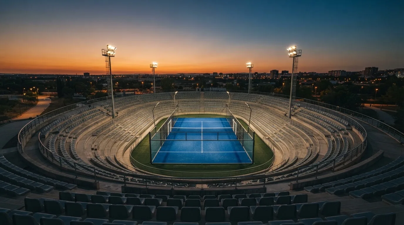 Un estadio de fútbol vacío con torres de iluminación al atardecer