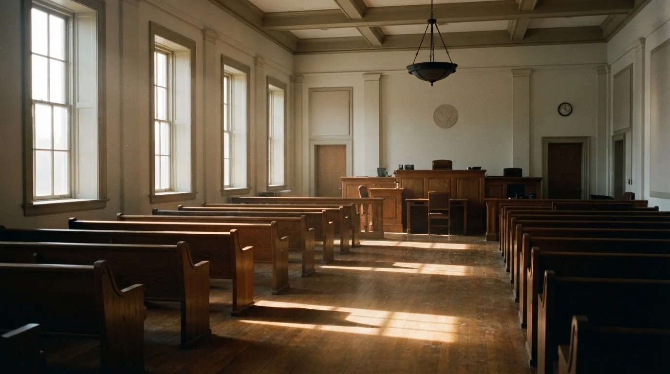 Una sala de tribunal vacía con bancos de madera a la luz de la mañana