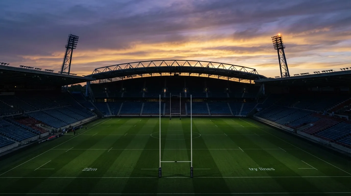 Un estadio de fútbol vacío con torres de iluminación al atardecer