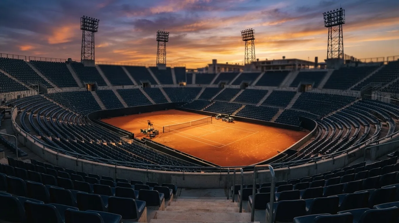 Un estadio de fútbol vacío con torres de iluminación al atardecer