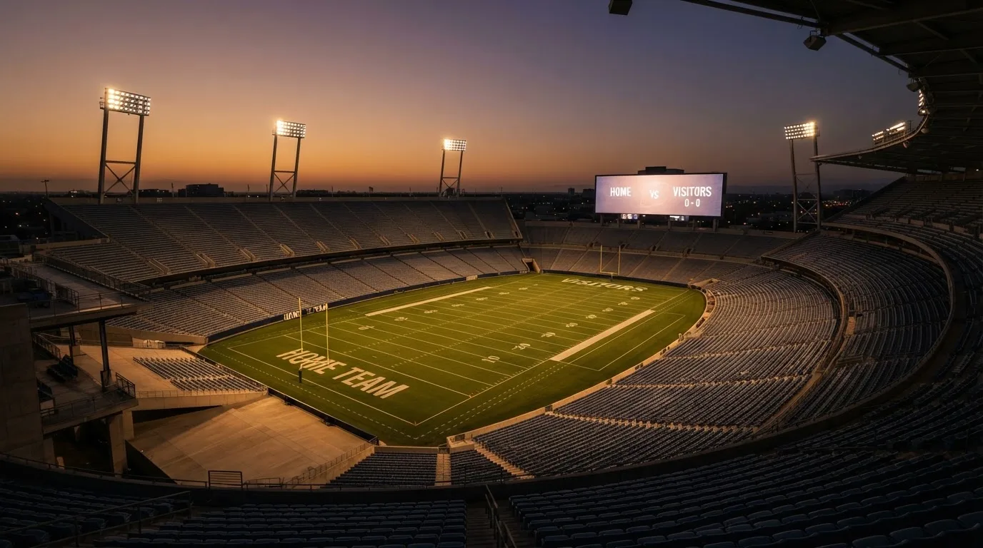 Un estadio de fútbol vacío con torres de iluminación al atardecer
