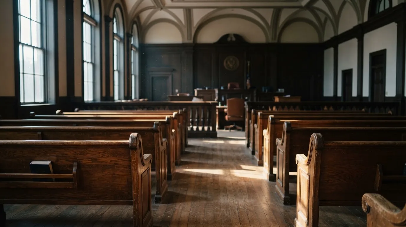 Una sala de tribunal vacía con bancos de madera a la luz de la mañana