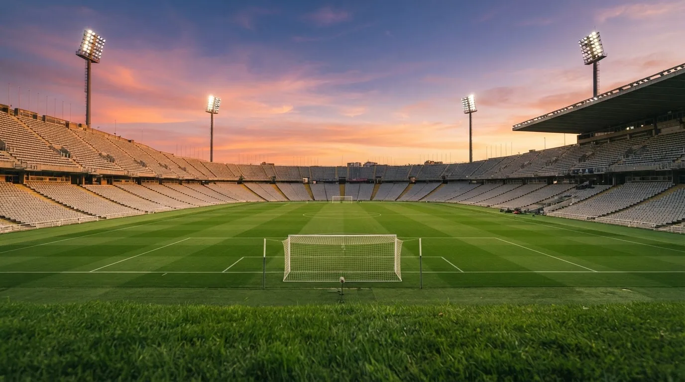 Un estadio de fútbol vacío con torres de iluminación al atardecer