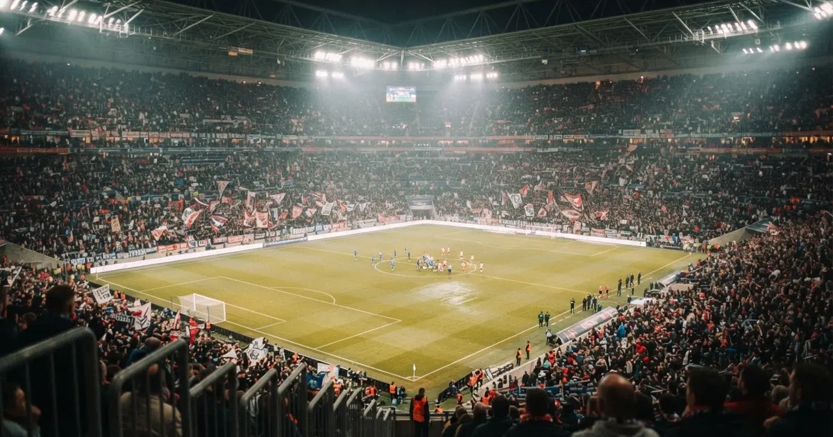 Un pabellón deportivo lleno bajo los focos, fotografiado desde muy lejos