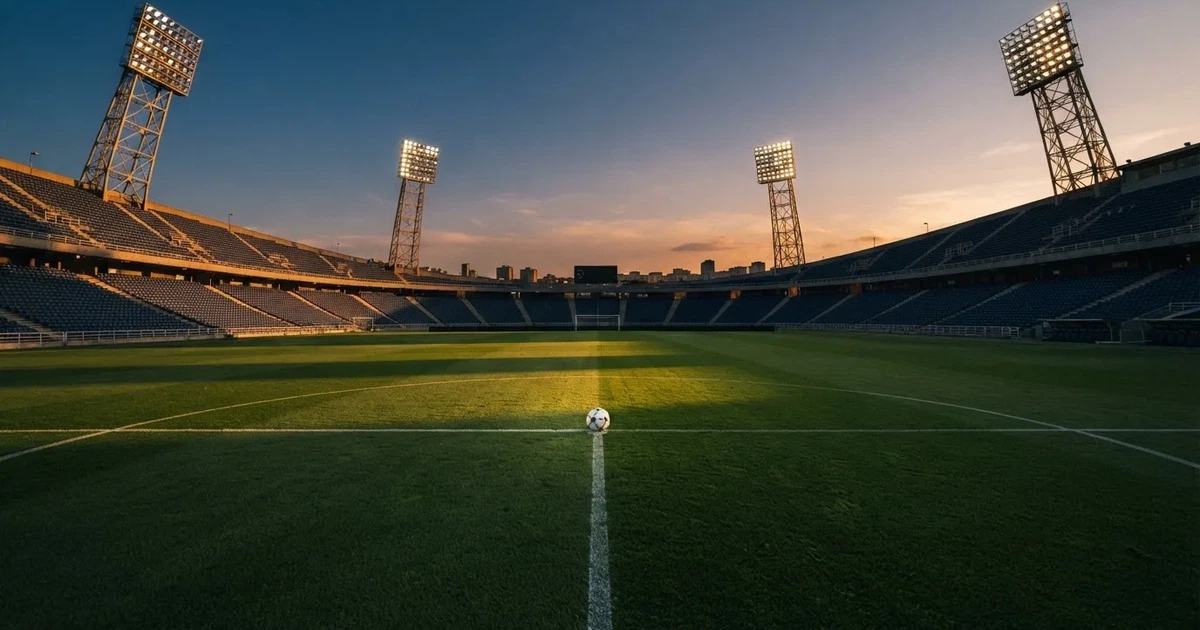 Un estadio de fútbol vacío con torres de iluminación al atardecer