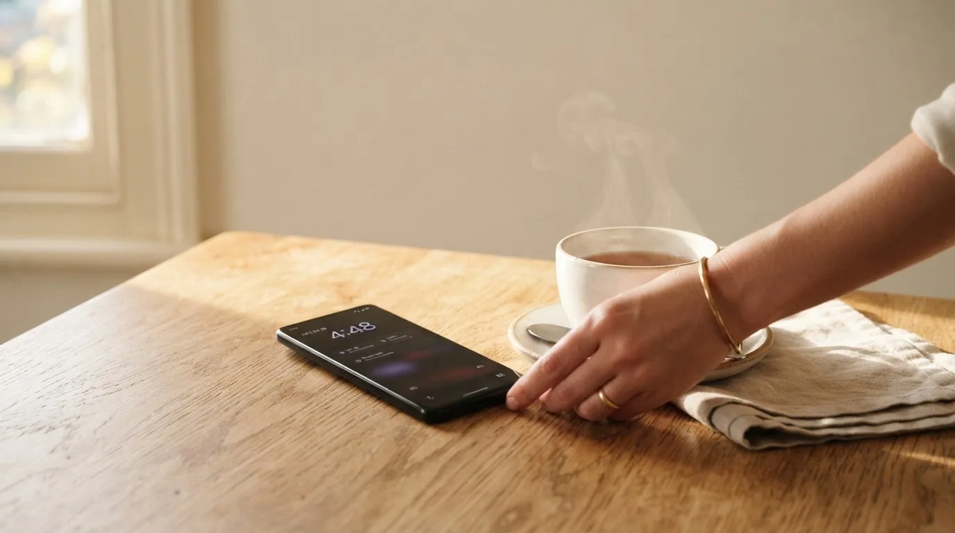 Una mano deja un móvil junto a una taza de té sobre la mesa de la cocina, una tarde tranquila