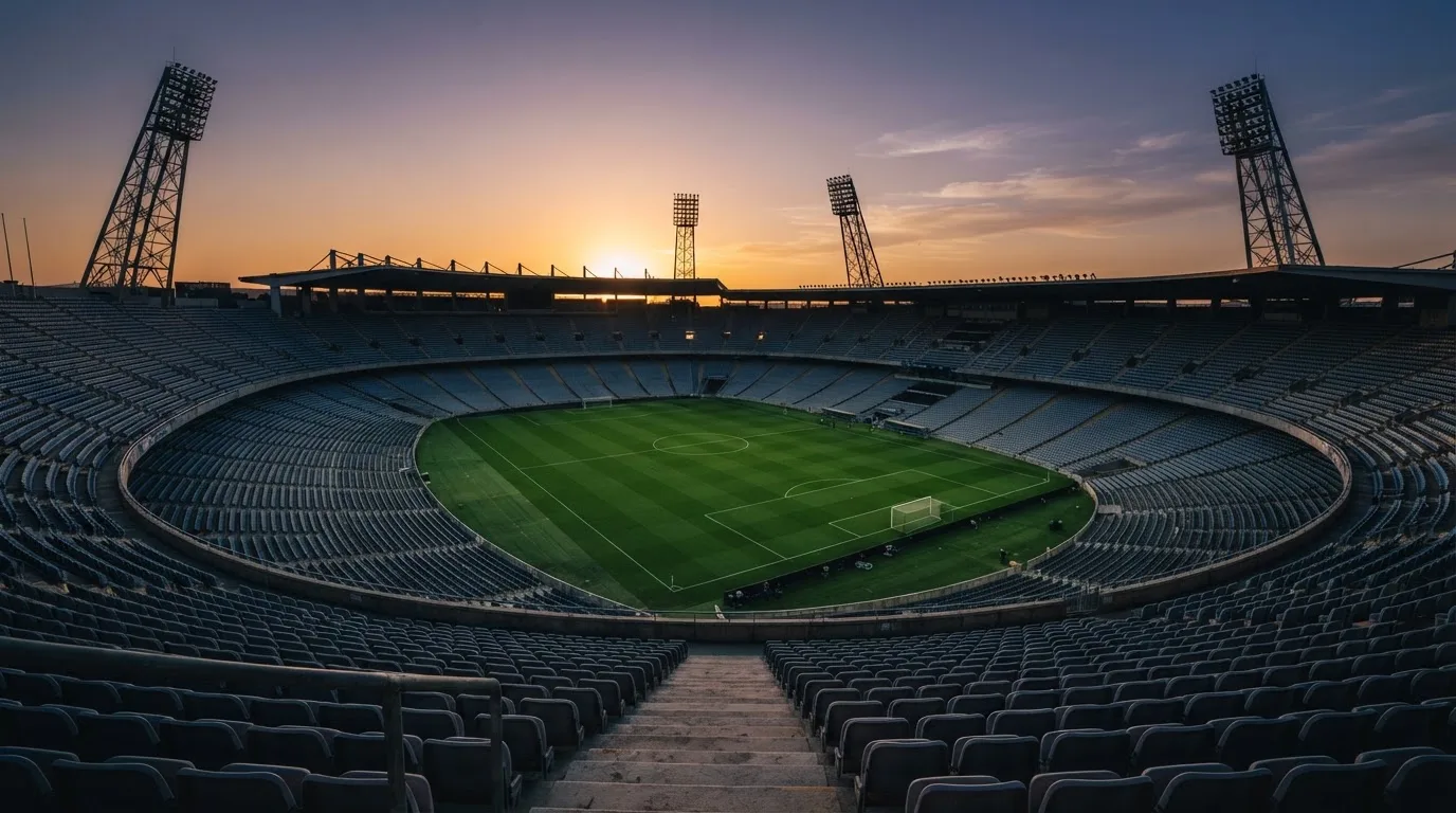 Un estadio de fútbol vacío con torres de iluminación al atardecer