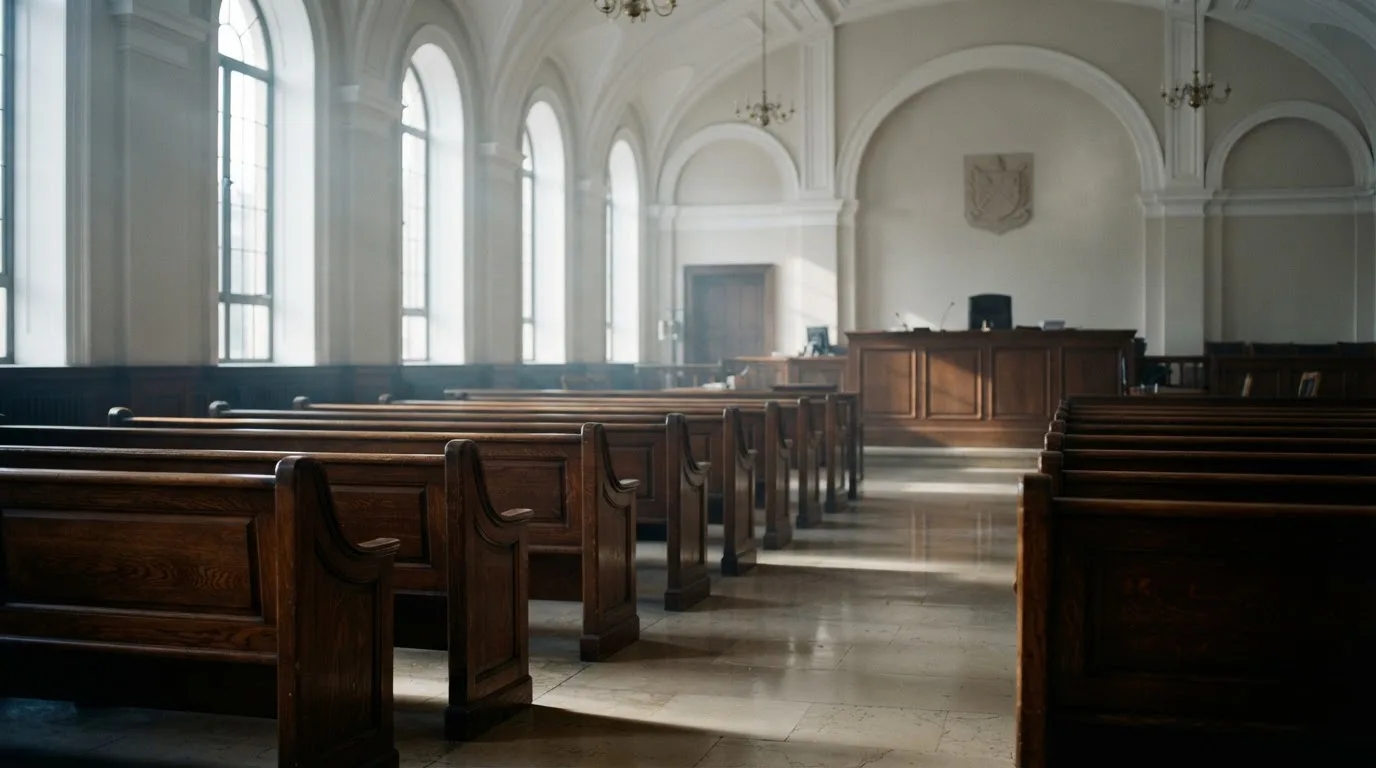 Una sala de tribunal vacía con bancos de madera a la luz de la mañana