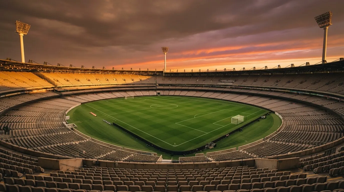 Un estadio de fútbol vacío con torres de iluminación al atardecer