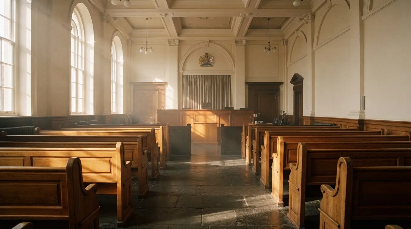 Una sala de tribunal vacía con bancos de madera a la luz de la mañana