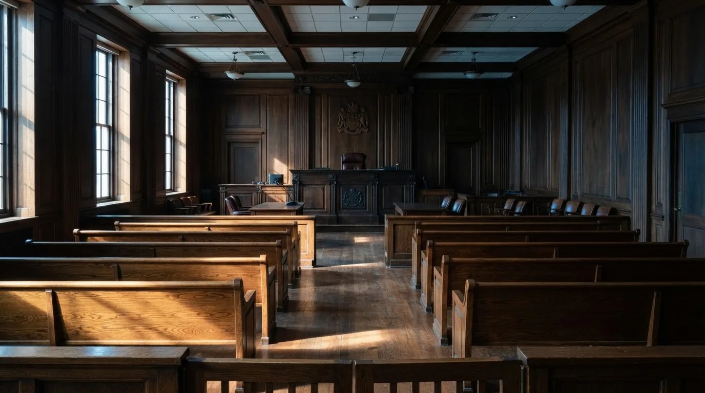 Una sala de tribunal vacía con bancos de madera a la luz de la mañana