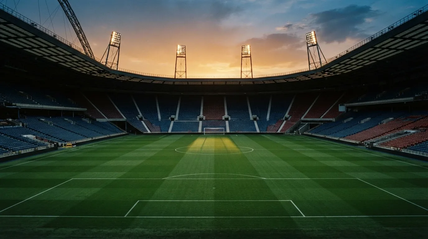Un estadio de fútbol vacío con torres de iluminación al atardecer