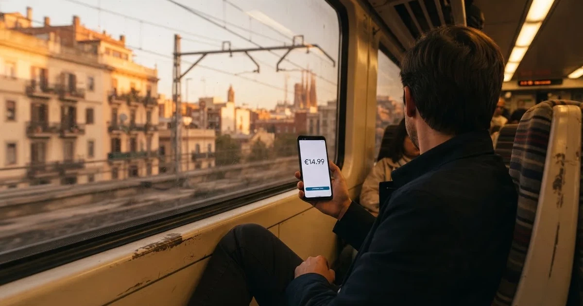 Una mano sostiene un móvil en el tren por la tarde, con la pantalla girada