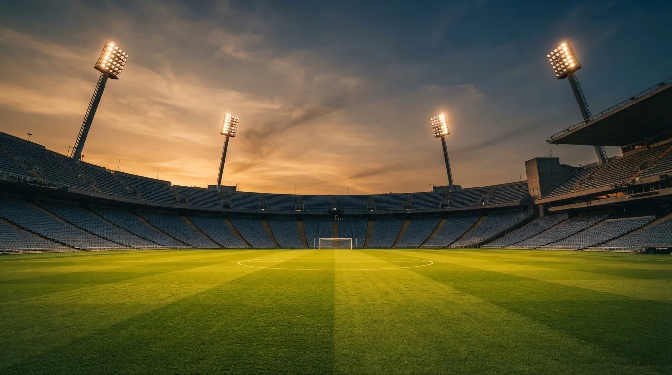 Un estadio de fútbol vacío con torres de iluminación al atardecer