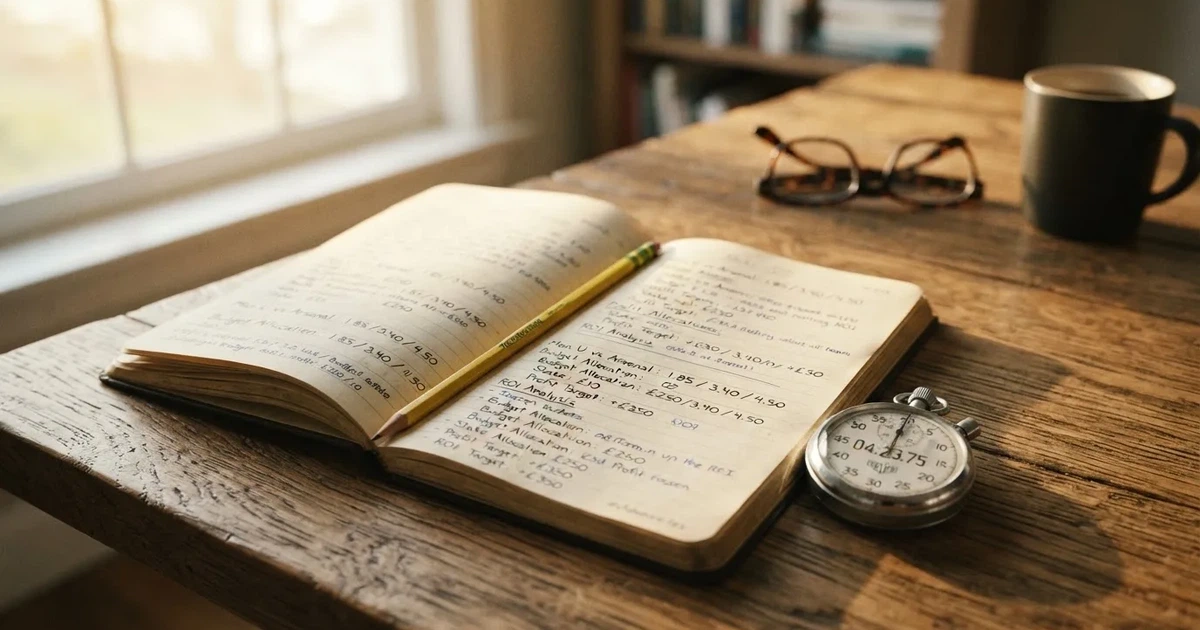 Un cuaderno abierto con un lápiz y un cronómetro sobre una mesa de madera