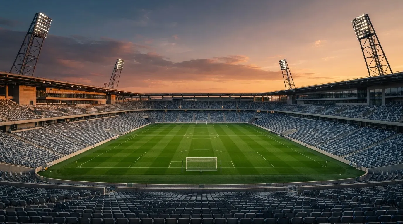 Un estadio de fútbol vacío con torres de iluminación al atardecer