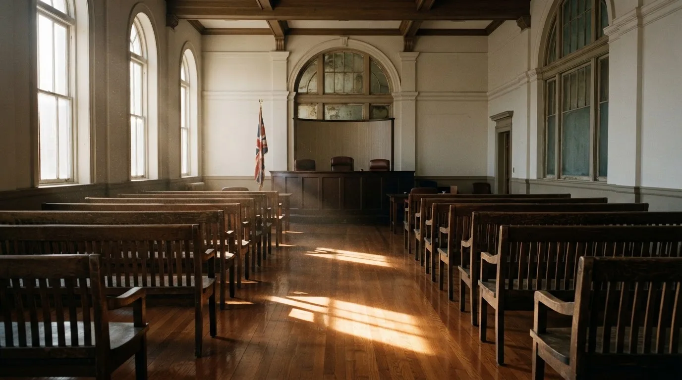 Una sala de tribunal vacía con bancos de madera a la luz de la mañana